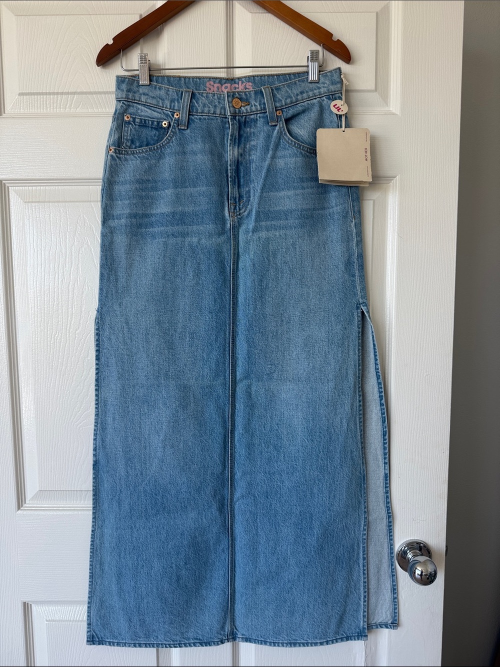 MOTHER Light Blue Denim Maxi Skirt with Side Slits